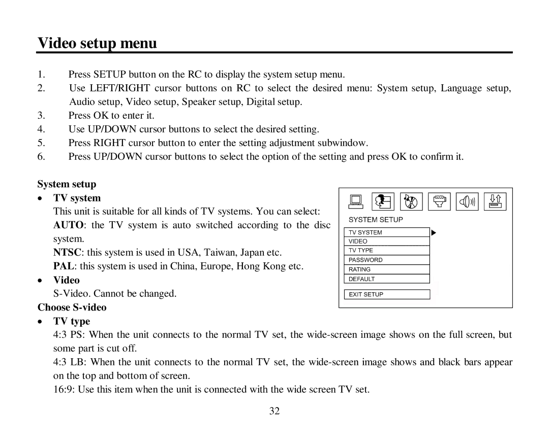 Hyundai H-CMD4012 instruction manual Video setup menu, System setup TV system, Choose S-video TV type 