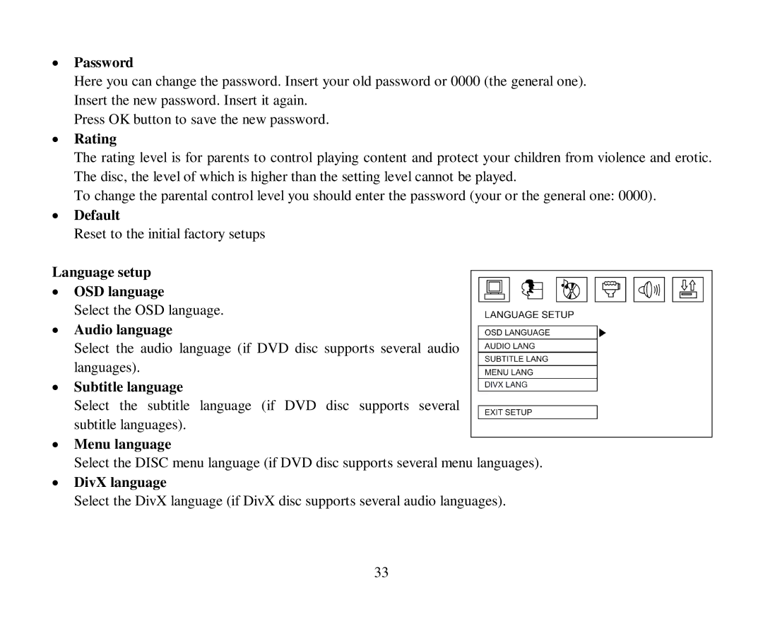 Hyundai H-CMD4012 Password, Rating, Default, Language setup OSD language, Audio language, Subtitle language, Menu language 