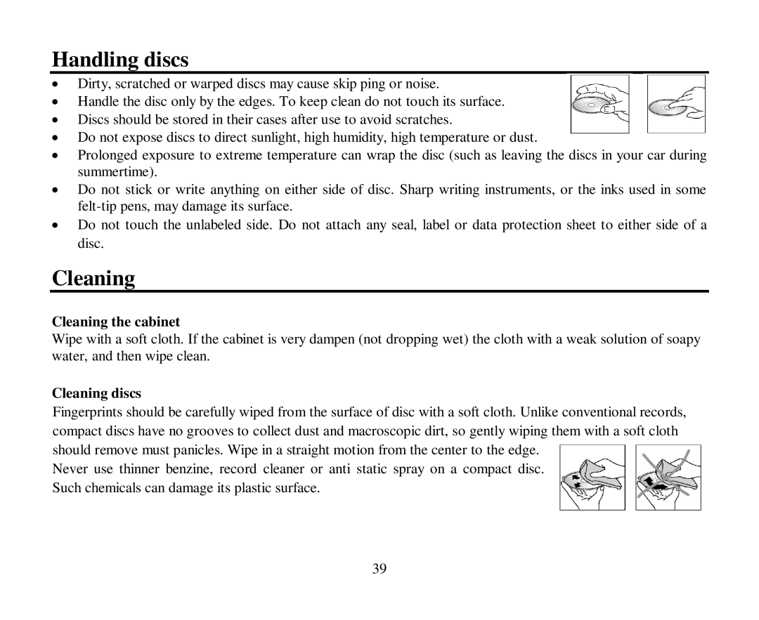 Hyundai H-CMD4012 instruction manual Handling discs, Cleaning the cabinet, Cleaning discs 