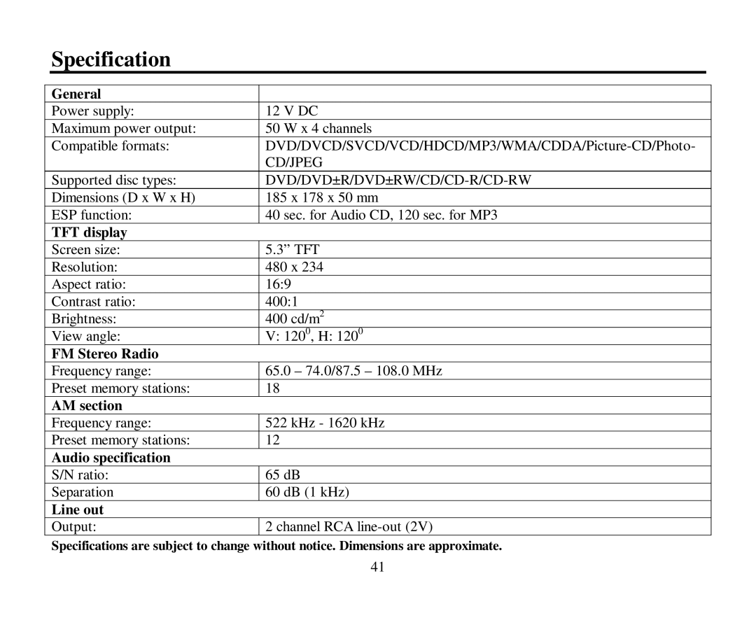 Hyundai H-CMD4012 instruction manual Specification 