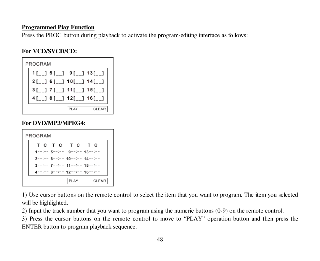 Hyundai H-CMD4015 instruction manual Programmed Play Function, For VCD/SVCD/CD For DVD/MP3/MPEG4 