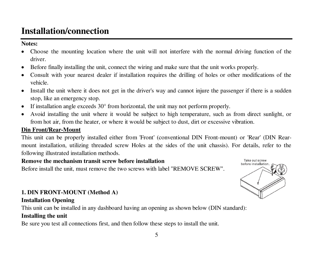 Hyundai H-CMD4015 Installation/connection, Din Front/Rear-Mount, Remove the mechanism transit screw before installation 