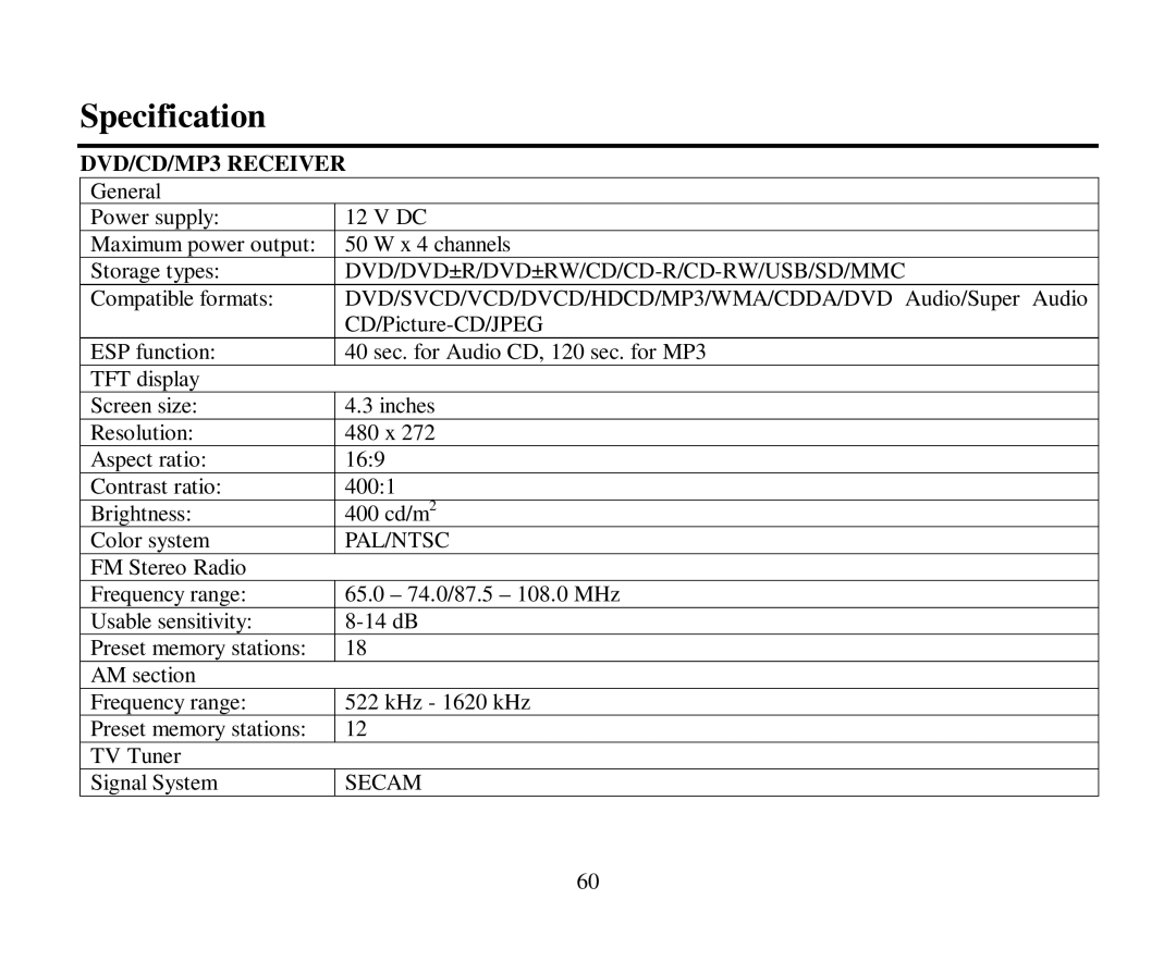 Hyundai H-CMD4015 instruction manual Specification, DVD/CD/MP3 Receiver 