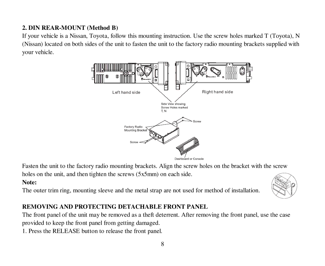 Hyundai H-CMD4015 instruction manual DIN REAR-MOUNT Method B, Removing and Protecting Detachable Front Panel 