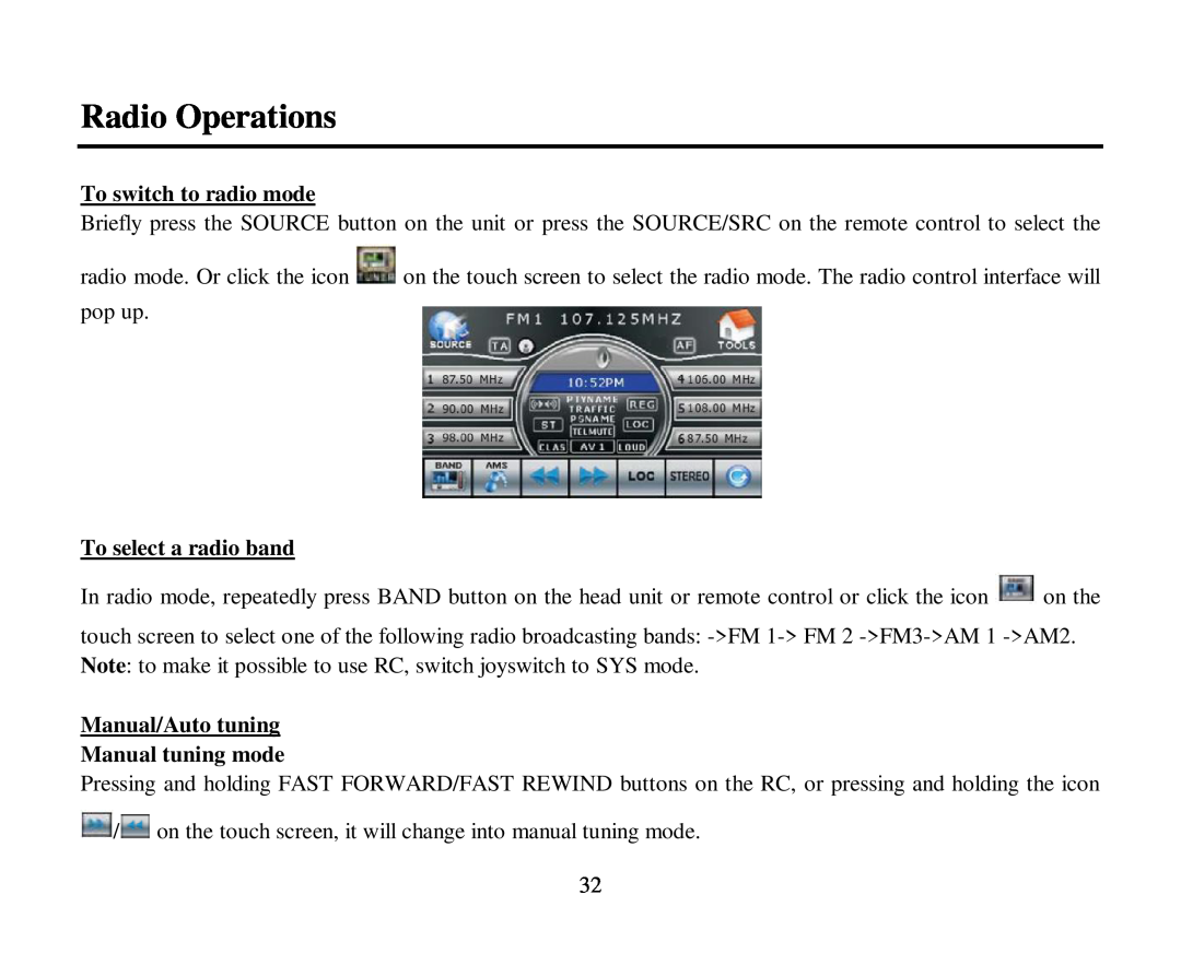 Hyundai H-CMD4015 Radio Operations, To switch to radio mode, To select a radio band, Manual/Auto tuning Manual tuning mode 