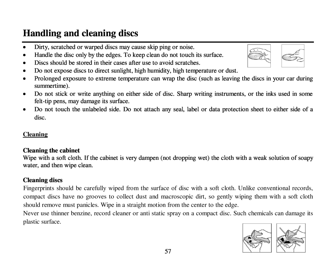 Hyundai H-CMD4015 instruction manual Handling and cleaning discs, Cleaning Cleaning the cabinet, Cleaning discs 
