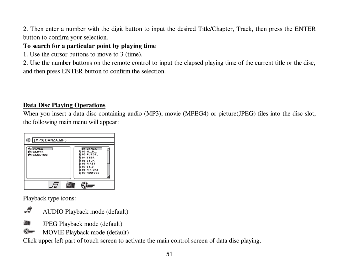 Hyundai H-CMD4015 instruction manual To search for a particular point by playing time, Data Disc Playing Operations 