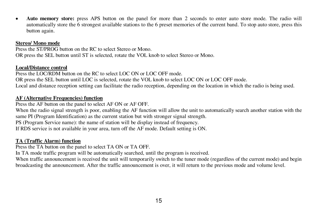 Hyundai H-CMD7075 instruction manual Stereo/ Mono mode, Local/Distance control, AF Alternative Frequencies function 