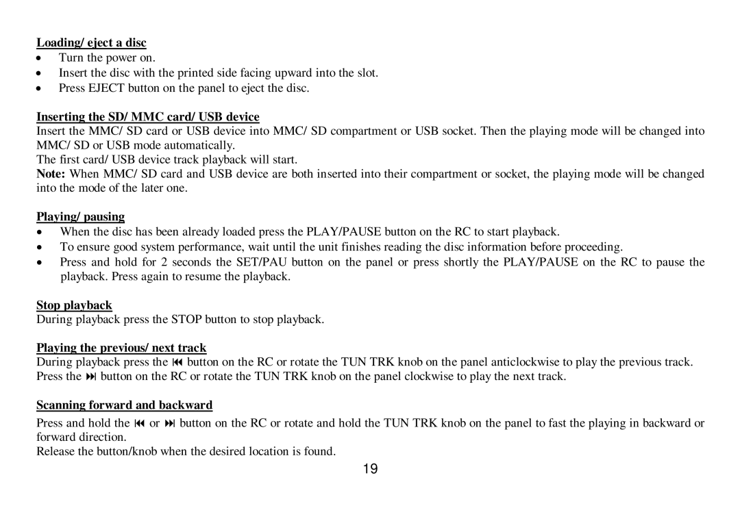 Hyundai H-CMD7075 Loading/ eject a disc, Inserting the SD/ MMC card/ USB device, Playing/ pausing, Stop playback 