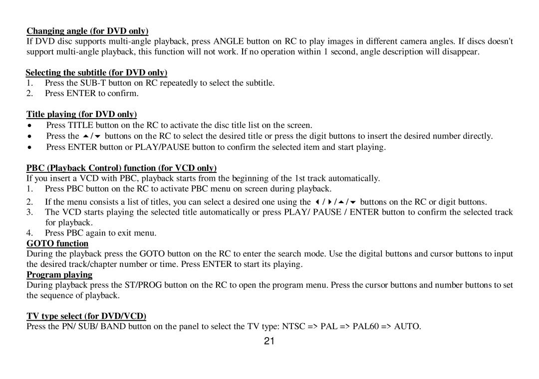 Hyundai H-CMD7075 Changing angle for DVD only, Selecting the subtitle for DVD only, Title playing for DVD only 