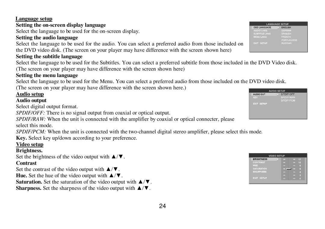 Hyundai H-CMD7075 Language setup Setting the on-screen display language, Setting the audio language, Contrast 