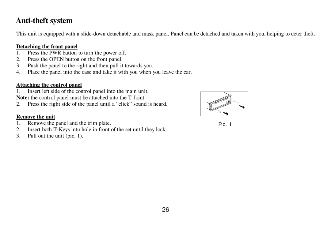 Hyundai H-CMD7075 Anti-theft system, Detaching the front panel, Attaching the control panel, Remove the unit 