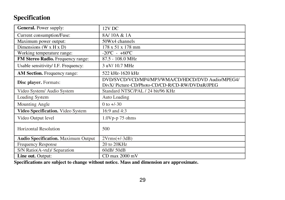 Hyundai H-CMD7075 instruction manual Specification, FM Stereo Radio. Frequency range, Line out. Output 