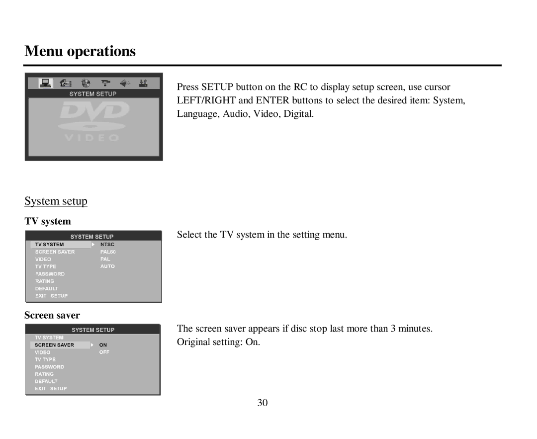 Hyundai H-CMD7079 instruction manual Menu operations, System setup, TV system, Screen saver 