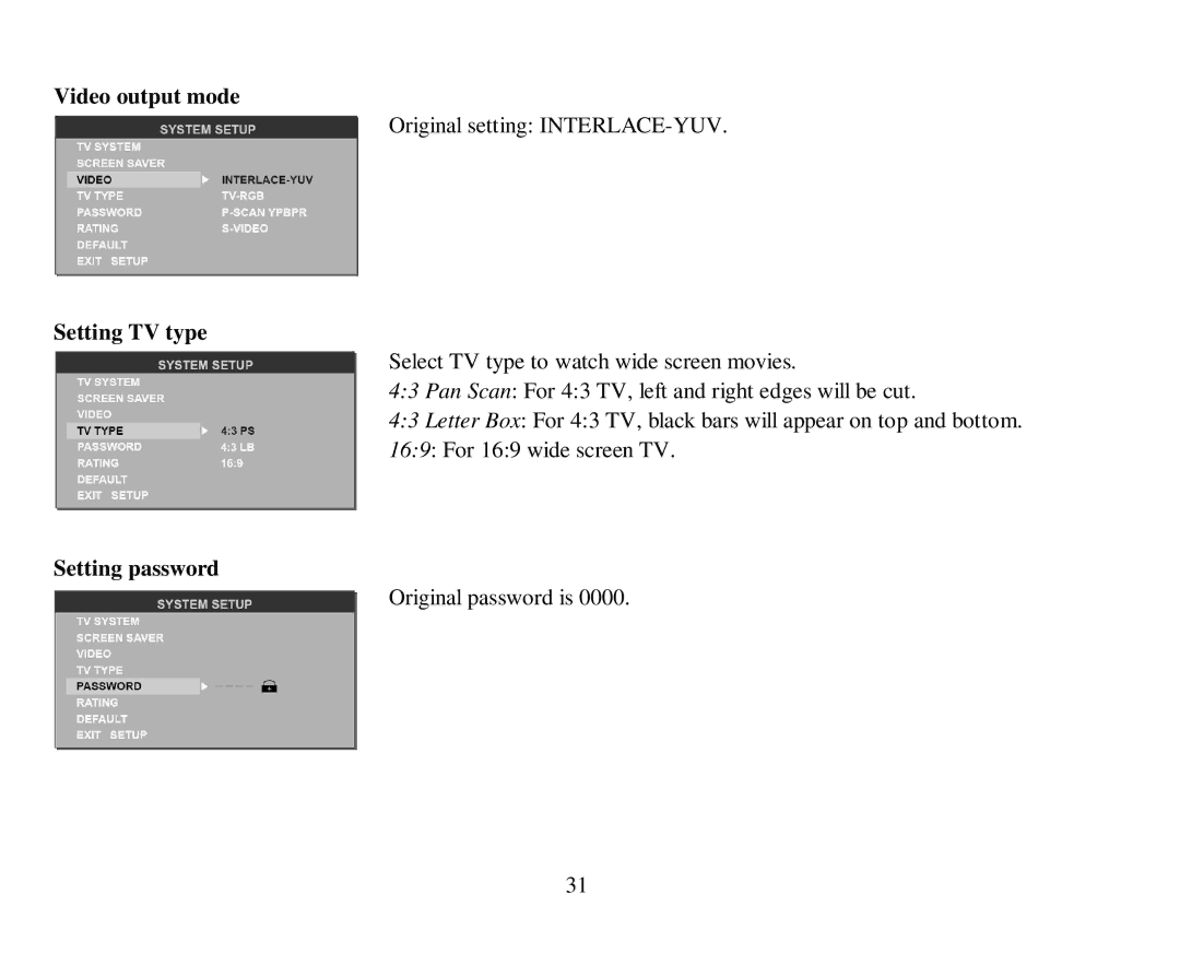 Hyundai H-CMD7079 instruction manual Video output mode, Setting TV type, Setting password 