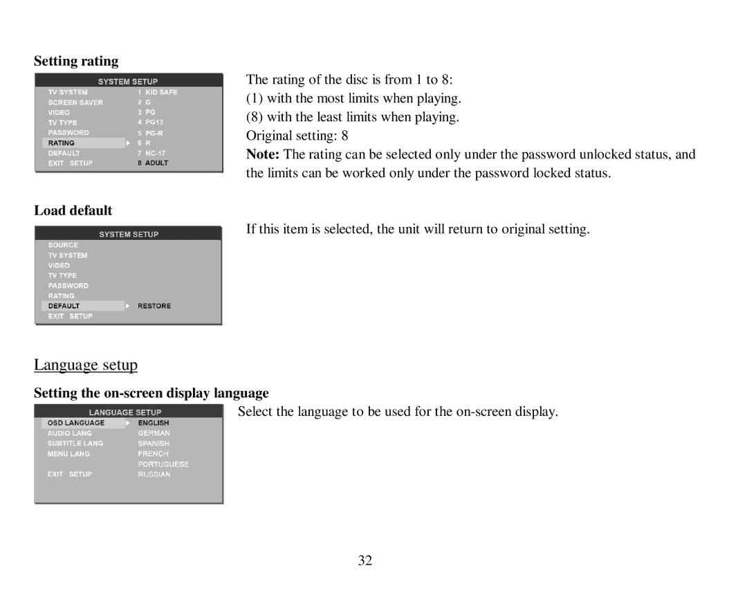 Hyundai H-CMD7079 instruction manual Language setup, Setting rating, Load default, Setting the on-screen display language 