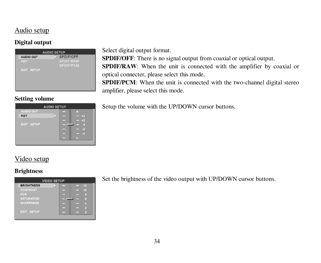 Hyundai H-CMD7079 instruction manual Audio setup, Video setup, Digital output, Setting volume, Brightness 