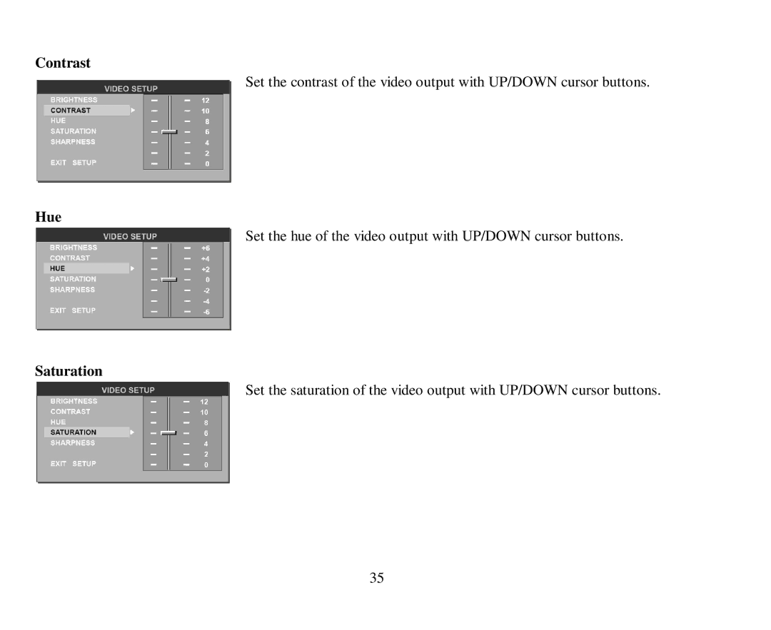 Hyundai H-CMD7079 instruction manual Contrast, Hue, Saturation 