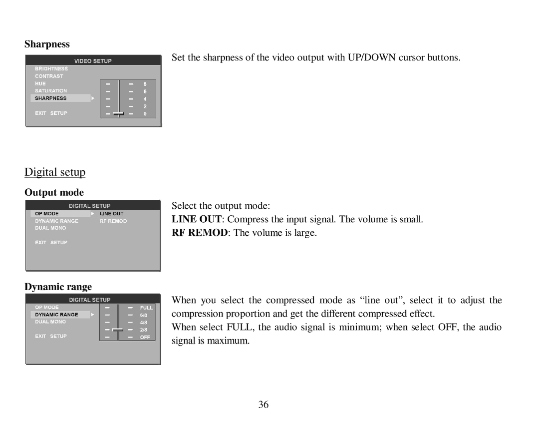 Hyundai H-CMD7079 instruction manual Digital setup, Sharpness, Output mode, Dynamic range 