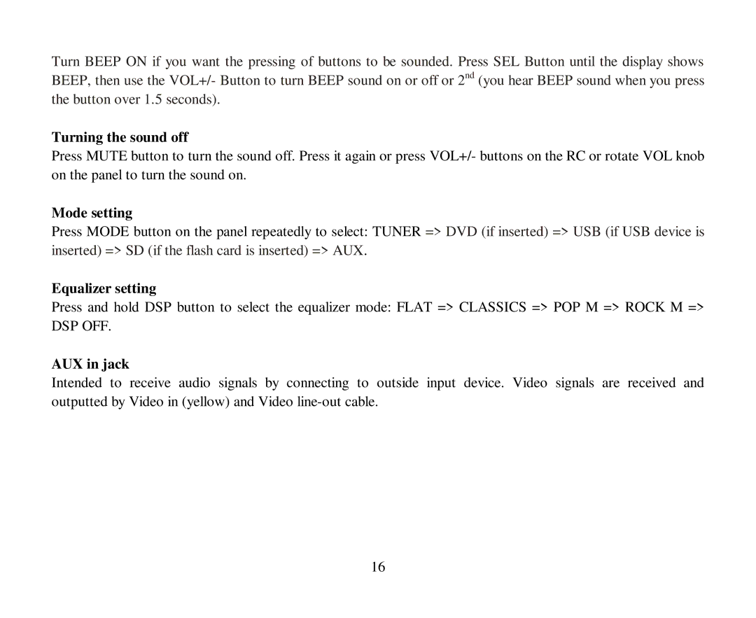 Hyundai H-CMD7080 instruction manual Turning the sound off, Mode setting, Equalizer setting, AUX in jack 