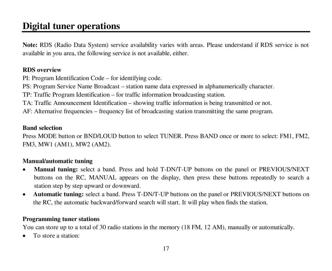 Hyundai H-CMD7080 instruction manual Digital tuner operations, RDS overview, Band selection, Manual/automatic tuning 