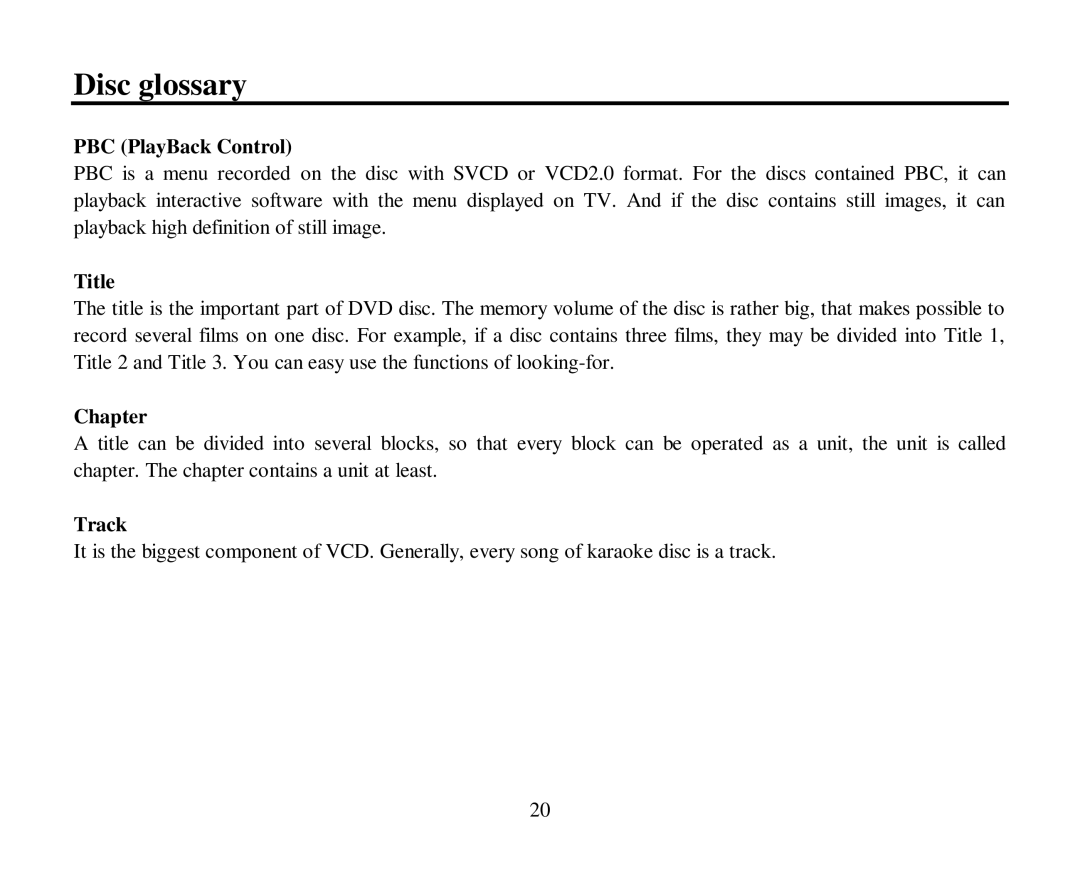 Hyundai H-CMD7080 instruction manual Disc glossary, PBC PlayBack Control, Title, Chapter, Track 