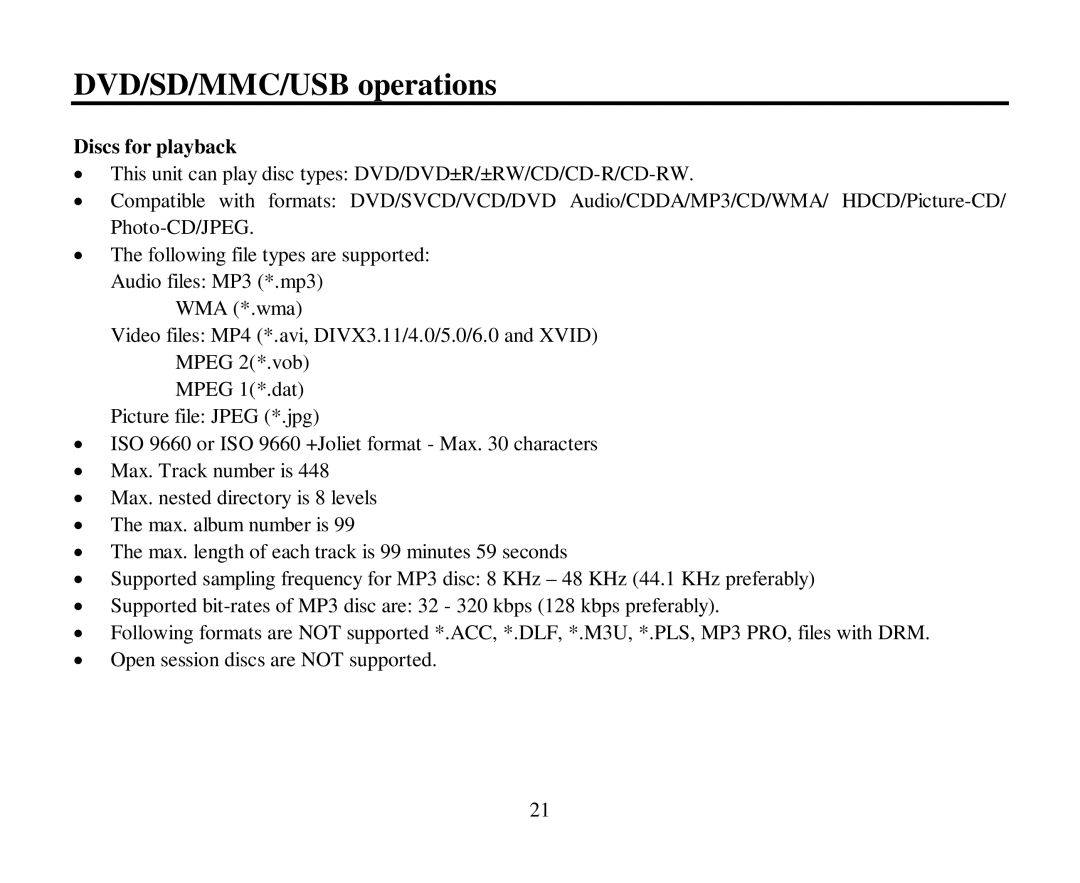 Hyundai H-CMD7080 instruction manual DVD/SD/MMC/USB operations, Discs for playback 