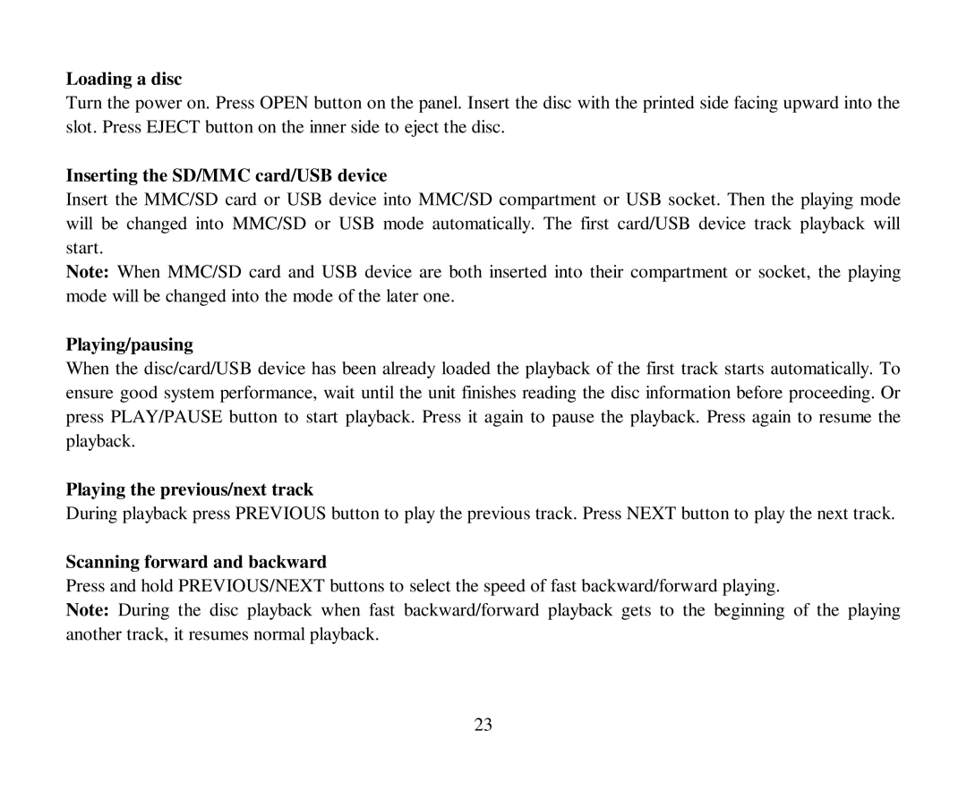 Hyundai H-CMD7080 Loading a disc, Inserting the SD/MMC card/USB device, Playing/pausing, Playing the previous/next track 