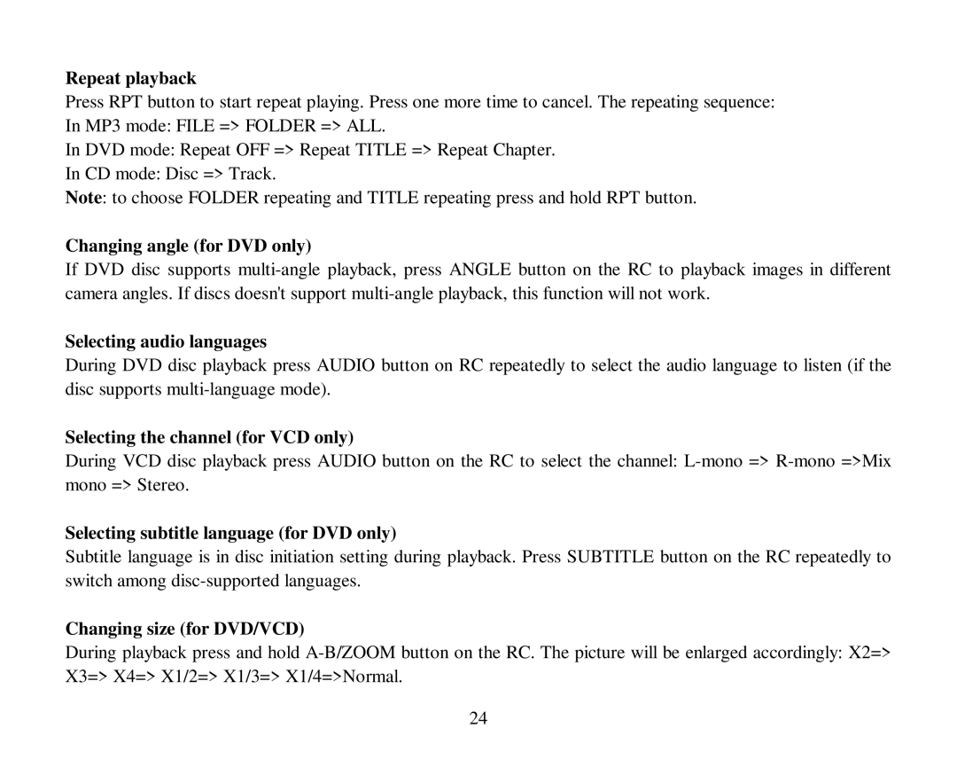 Hyundai H-CMD7080 Repeat playback, Changing angle for DVD only, Selecting audio languages, Changing size for DVD/VCD 