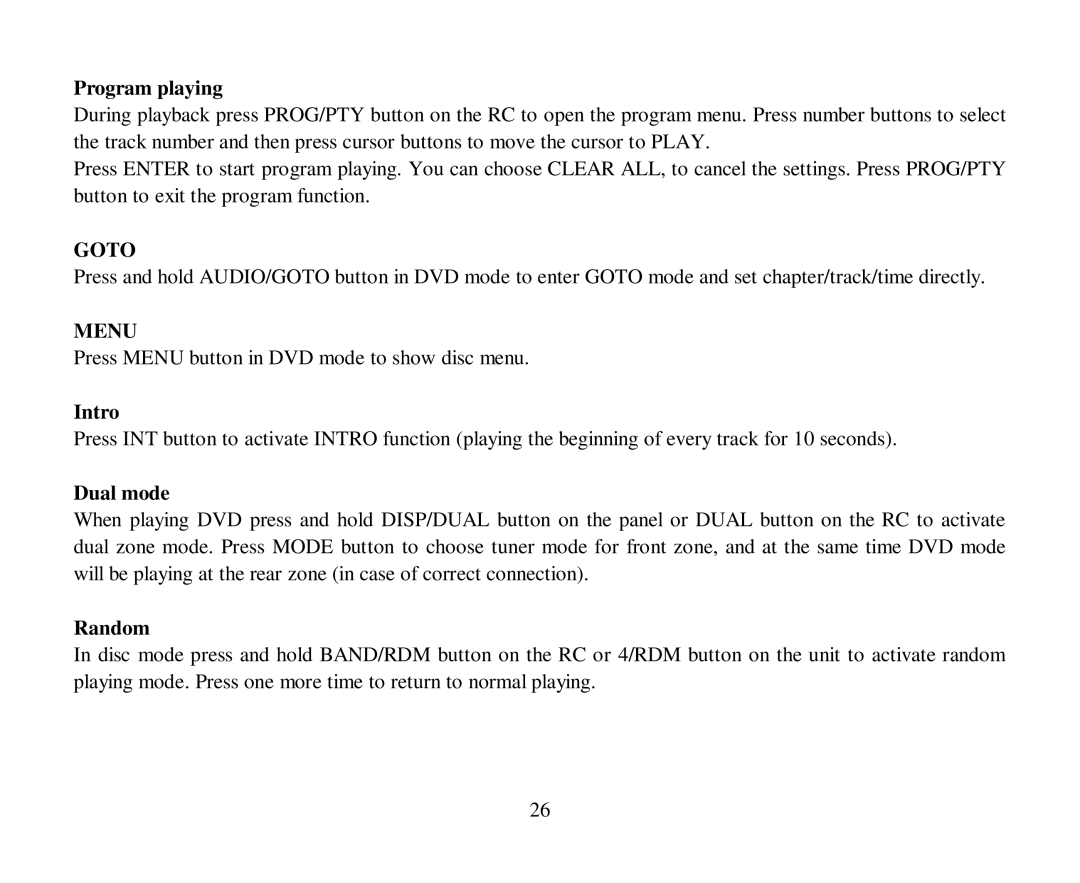 Hyundai H-CMD7080 instruction manual Program playing, Intro, Dual mode, Random 