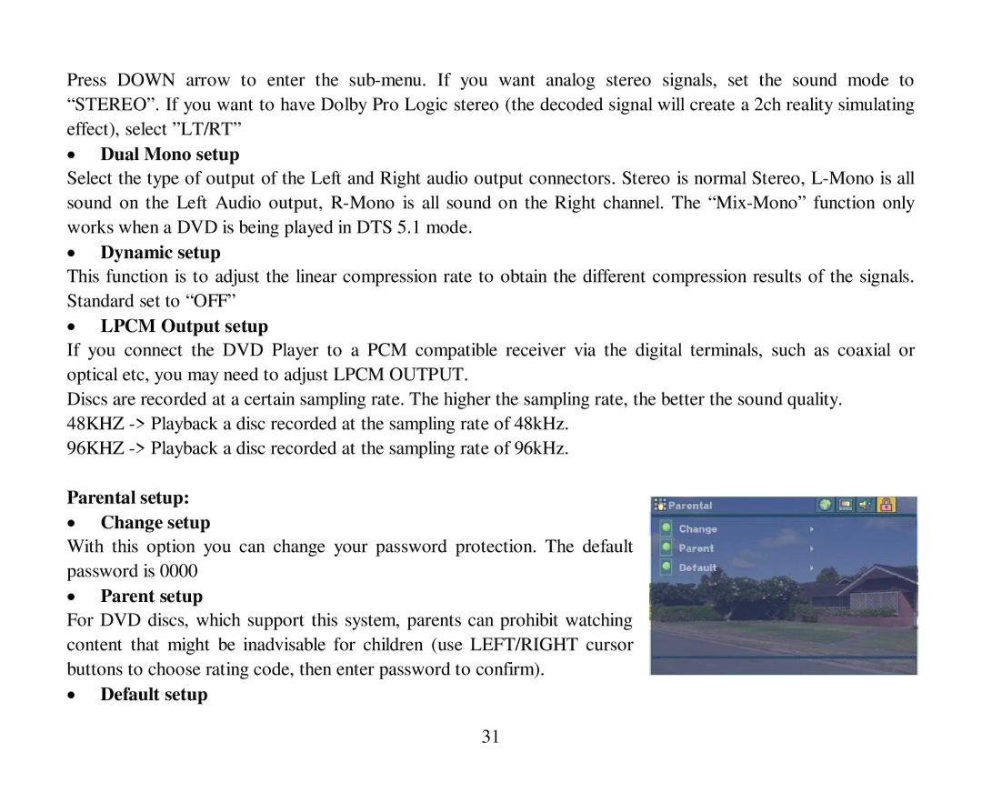 Hyundai H-CMD7080 Dual Mono setup, Dynamic setup, Lpcm Output setup, Parental setup Change setup, Parent setup 