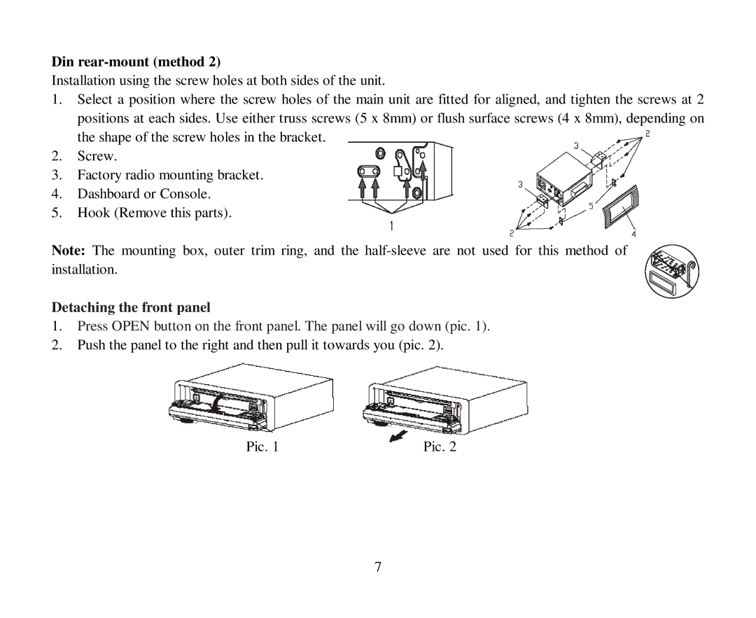 Hyundai H-CMD7080 instruction manual Din rear-mount method, Detaching the front panel 