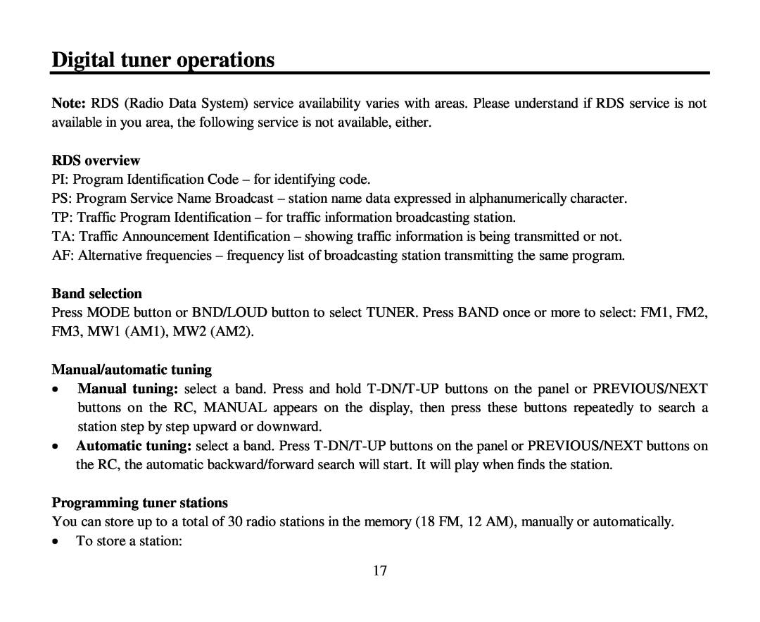 Hyundai H-CMD7080 instruction manual Digital tuner operations, RDS overview, Band selection, Manual/automatic tuning 