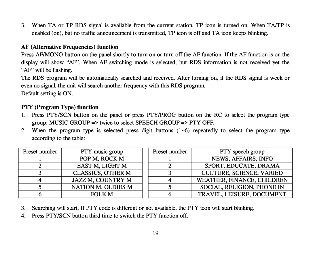 Hyundai H-CMD7080 instruction manual AF Alternative Frequencies function, PTY Program Type function, Folk M 