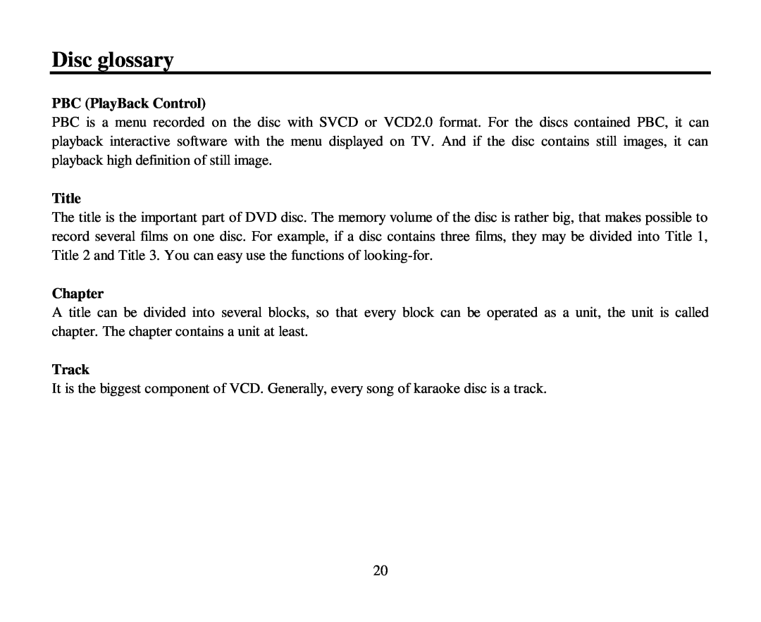 Hyundai H-CMD7080 instruction manual Disc glossary, PBC PlayBack Control, Title, Chapter, Track 