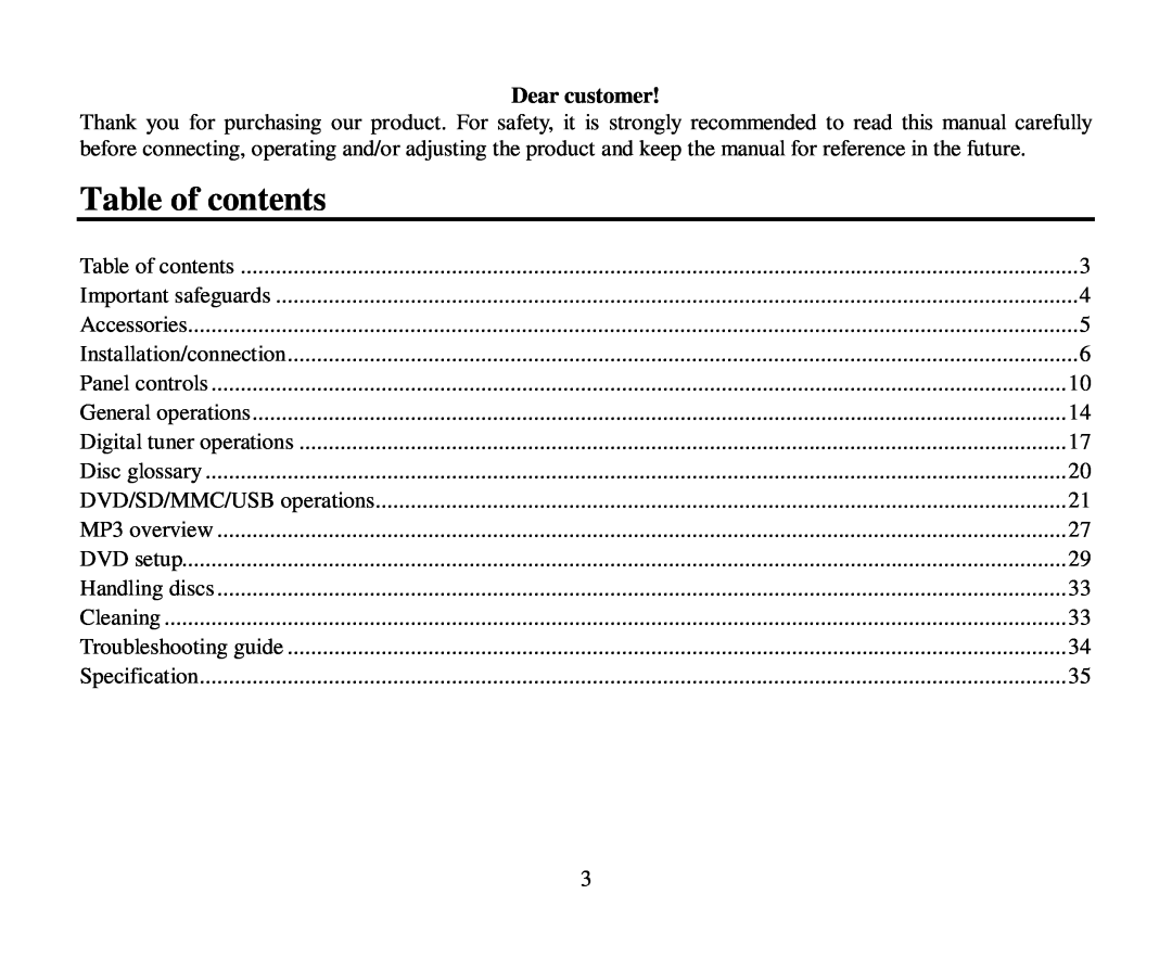 Hyundai H-CMD7080 instruction manual Table of contents, Dear customer 