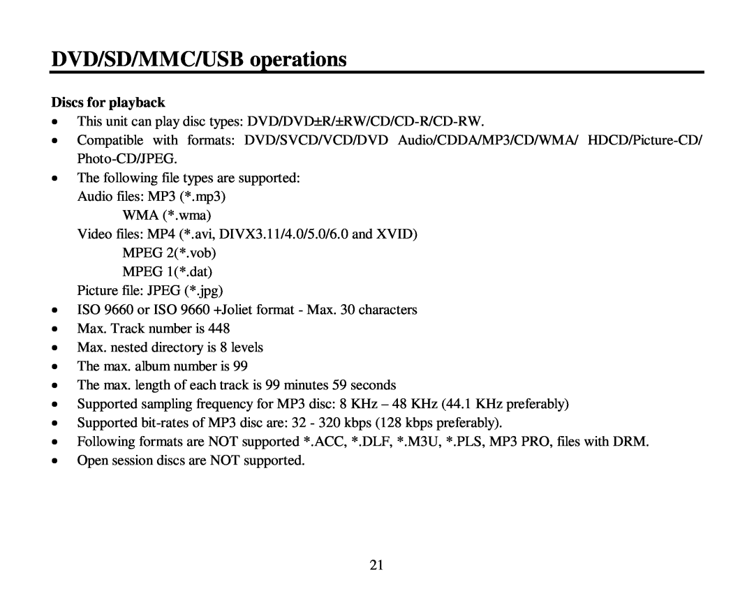 Hyundai H-CMD7080 instruction manual DVD/SD/MMC/USB operations, Discs for playback 