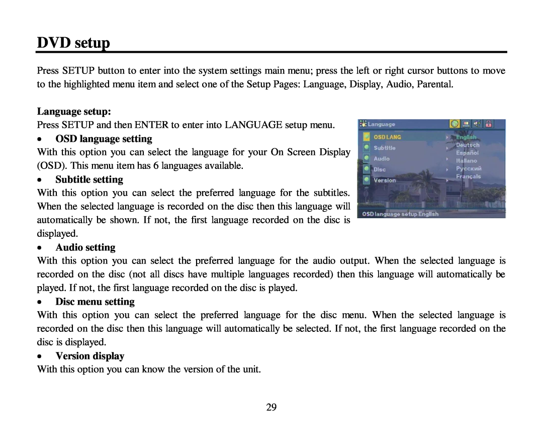 Hyundai H-CMD7080 DVD setup, Language setup, OSD language setting, Subtitle setting, Audio setting, Disc menu setting 