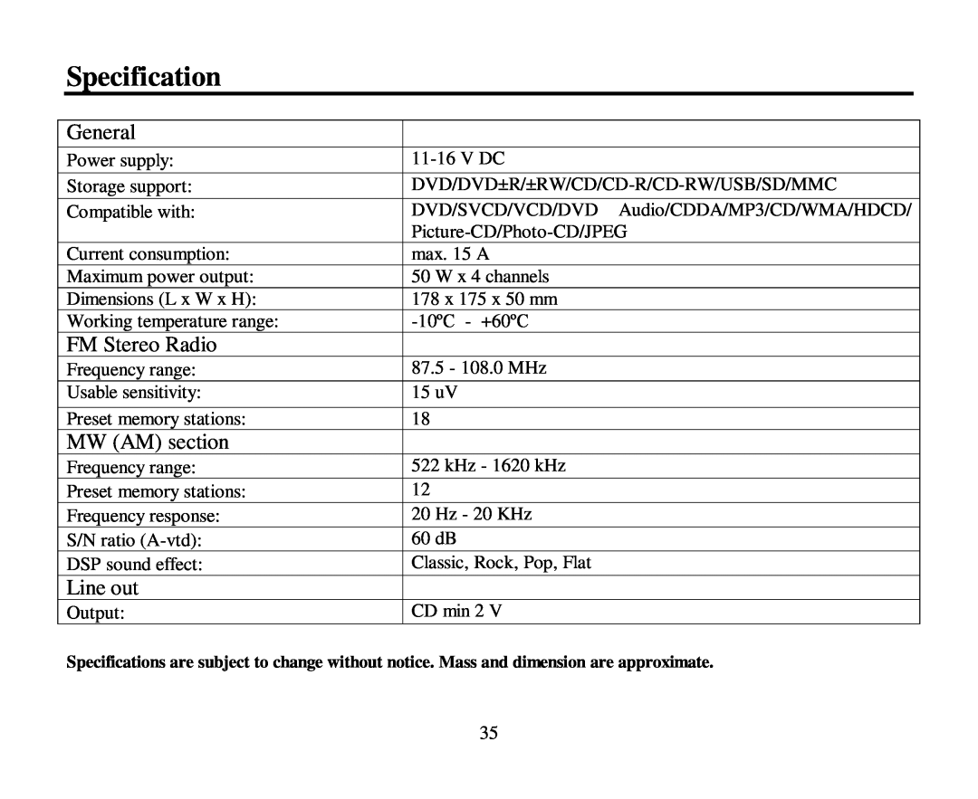 Hyundai H-CMD7080 instruction manual Specification, General, FM Stereo Radio, MW AM section, Line out 