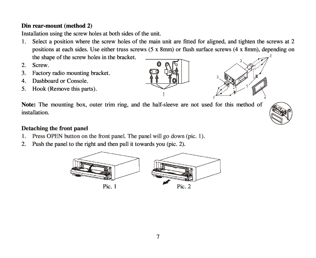 Hyundai H-CMD7080 instruction manual Din rear-mount method, Detaching the front panel 