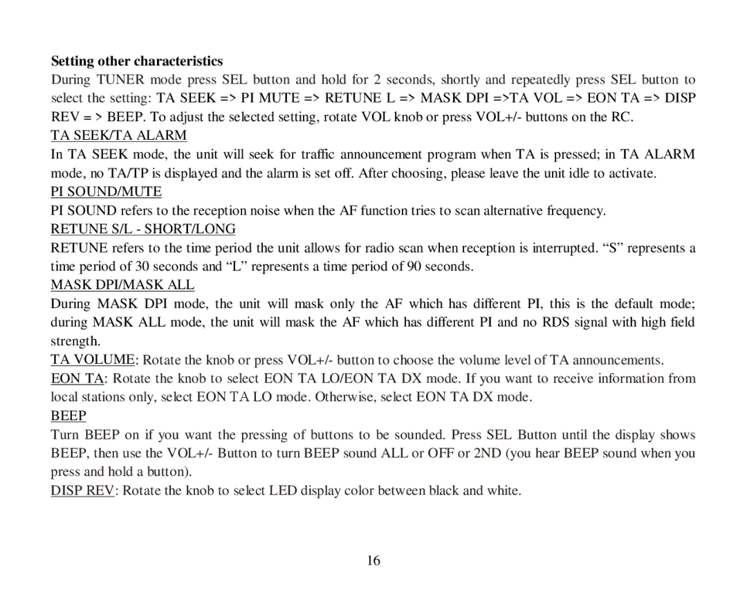 Hyundai H-CMD7086 instruction manual Setting other characteristics, TA SEEK/TA Alarm 