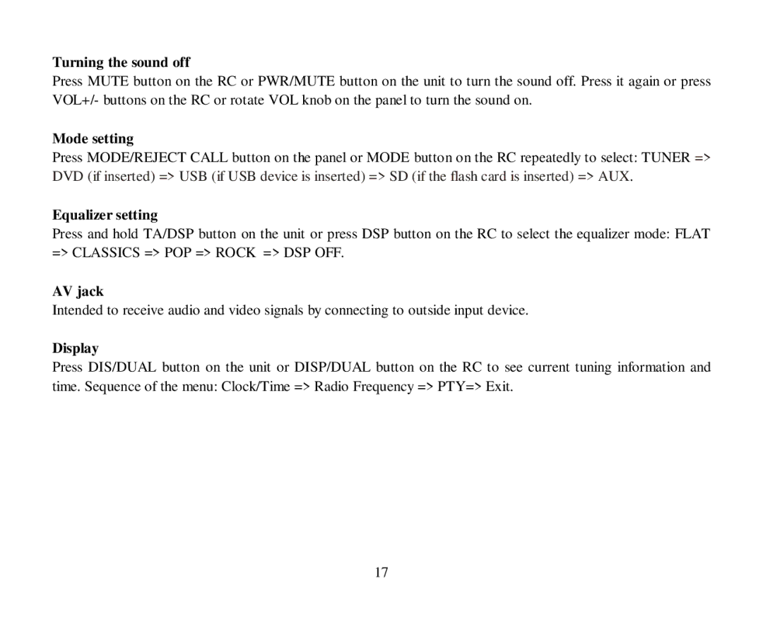 Hyundai H-CMD7086 instruction manual Turning the sound off, Mode setting, Equalizer setting, AV jack, Display 