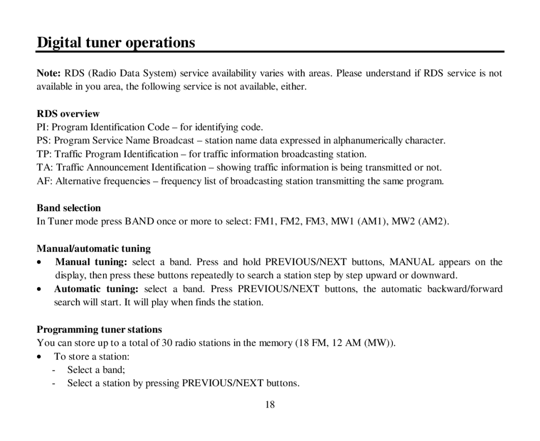 Hyundai H-CMD7086 instruction manual Digital tuner operations, RDS overview, Band selection, Manual/automatic tuning 