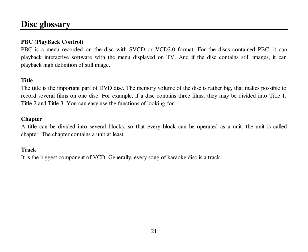 Hyundai H-CMD7086 instruction manual Disc glossary, PBC PlayBack Control, Title, Chapter, Track 