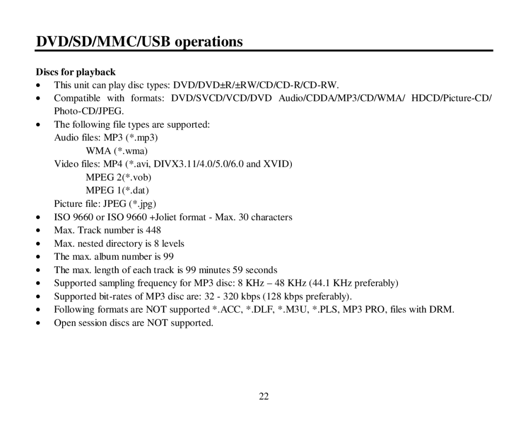 Hyundai H-CMD7086 instruction manual DVD/SD/MMC/USB operations, Discs for playback 