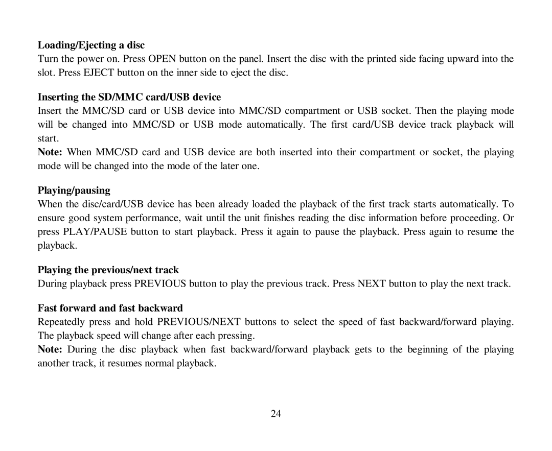 Hyundai H-CMD7086 instruction manual Loading/Ejecting a disc, Inserting the SD/MMC card/USB device, Playing/pausing 