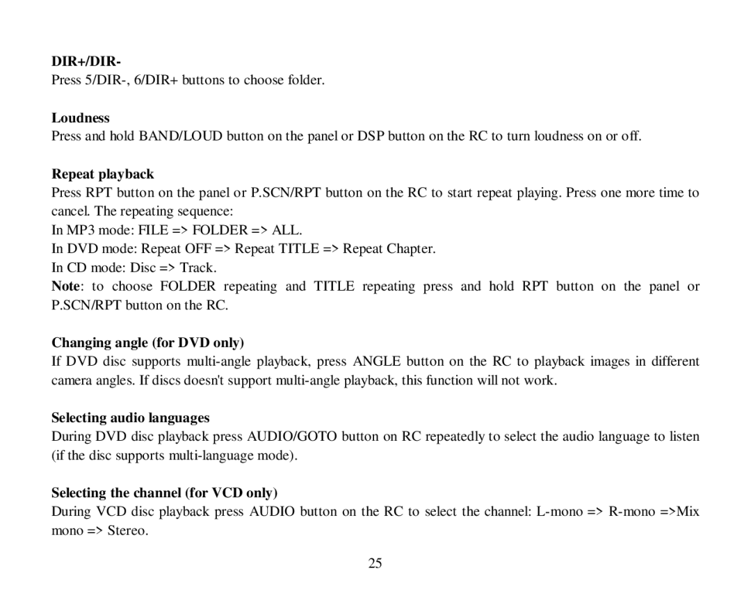 Hyundai H-CMD7086 instruction manual Loudness, Repeat playback, Changing angle for DVD only, Selecting audio languages 