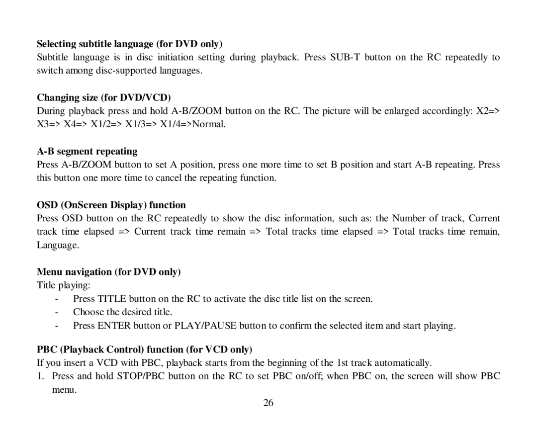 Hyundai H-CMD7086 instruction manual Selecting subtitle language for DVD only, Changing size for DVD/VCD, Segment repeating 