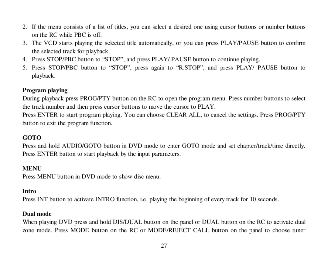 Hyundai H-CMD7086 instruction manual Program playing, Intro, Dual mode 