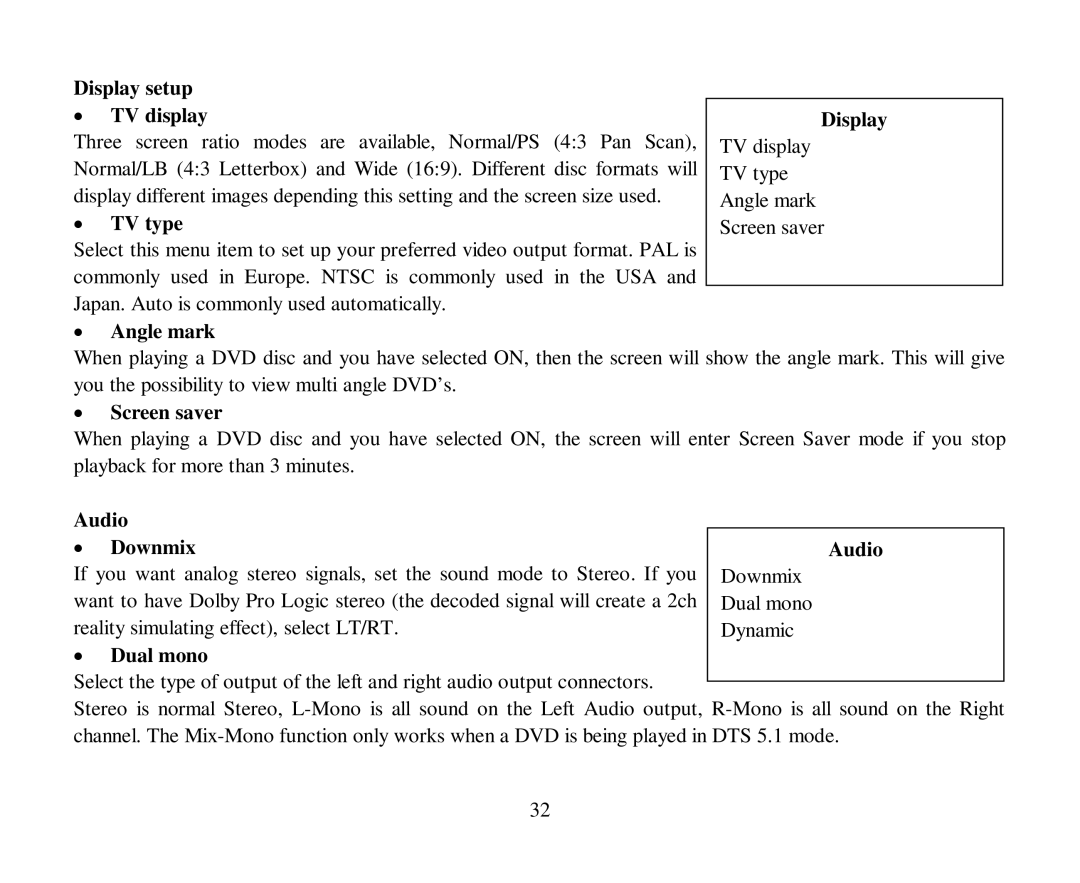 Hyundai H-CMD7086 instruction manual Display setup TV display, TV type, Angle mark, Screen saver, Audio Downmix, Dual mono 
